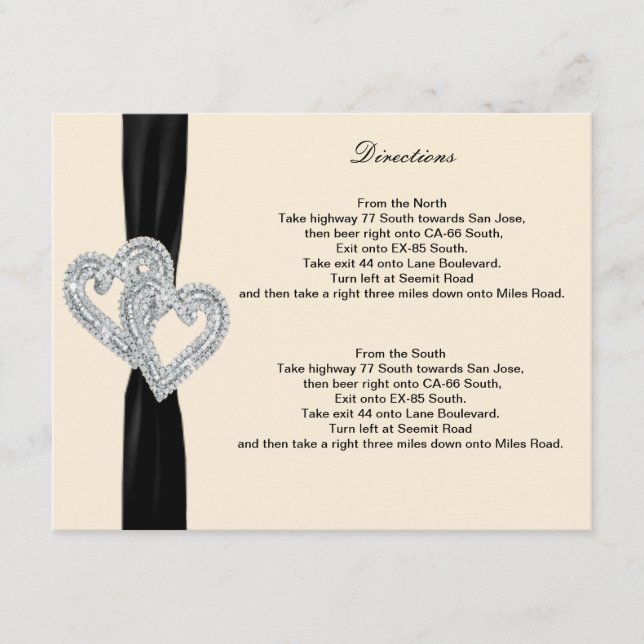 Elegant Diamond Black Ribbon Direction Cards (Front)