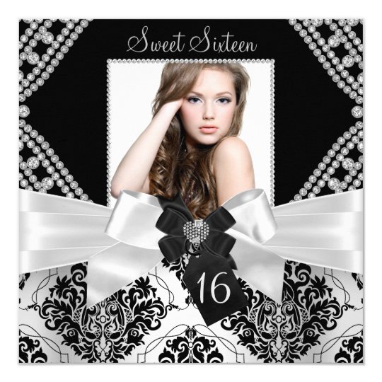 Elegant Diamond Bow & Black Damask Photo Sweet 16 Card
