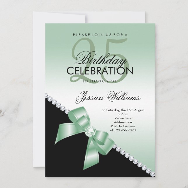 Elegant Diamond Bow, Emerald & Black Birthday Invitation (Front)