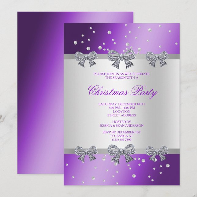Elegant Diamond Bows & Pearls Christmas Invitation (Front/Back)
