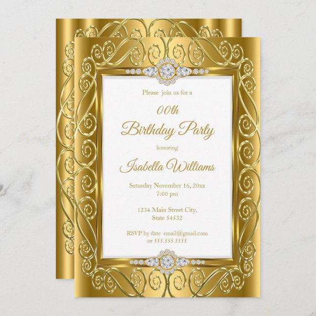 Elegant Diamond Gem Gold Birthday Party Invitation (Front/Back)
