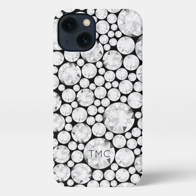 Elegant Diamond Gemstones Grey White Black Tech iPhone Case (Back)
