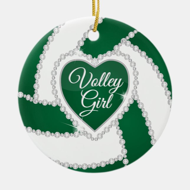 Elegant Diamond Heart Dark Green Volleyball Ceramic Ornament (Front)