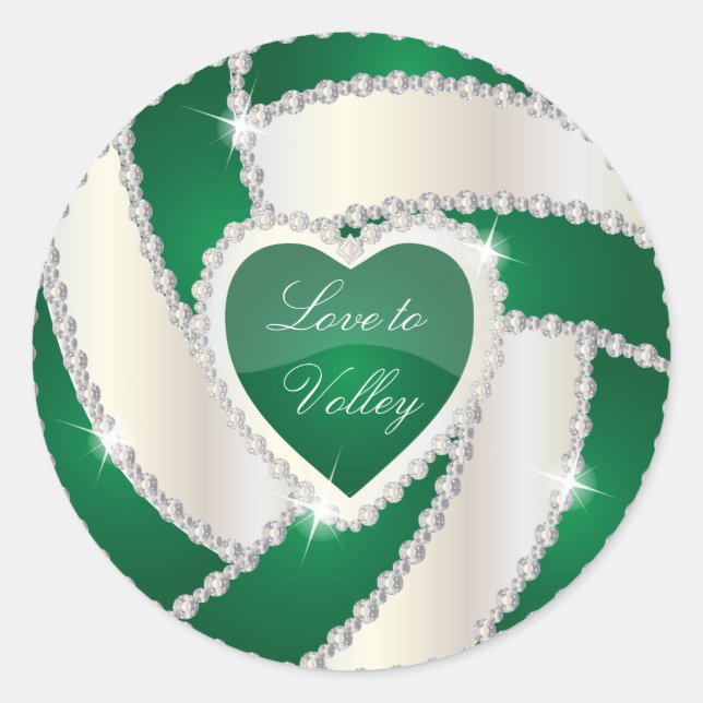 Elegant Diamond Heart Dark Green Volleyball Classic Round Sticker (Front)