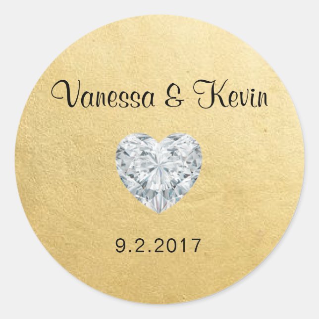 Elegant Diamond Heart Gold Wedding Gift Favours Classic Round Sticker (Front)