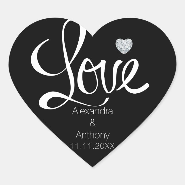 Elegant Diamond Heart LOVE Black Wedding Seals (Front)