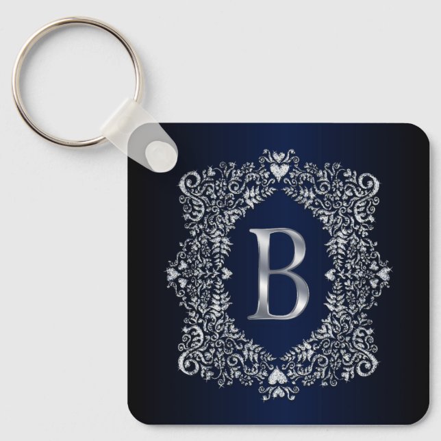 Elegant Diamond Ornate Frame Initial B  Keychain (Front)