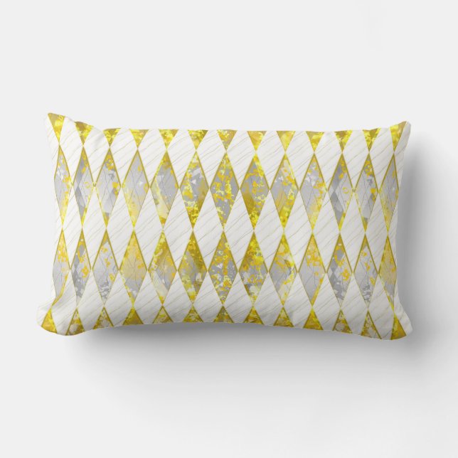 Elegant diamond pattern, gold, white, grey, modern lumbar pillow (Front)