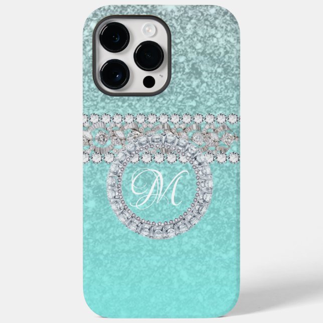 Elegant Diamond Personalised Monogram on Blue Teal Case-Mate iPhone Case (Back)