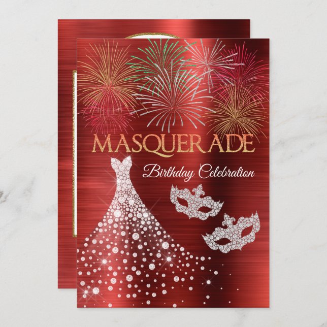 Elegant Diamond Red Glam Masquerade Invitation (Front/Back)