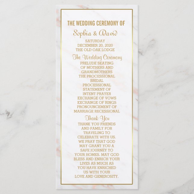 Elegant Diamond Rose Gold Marble  Wedding Program (Front)