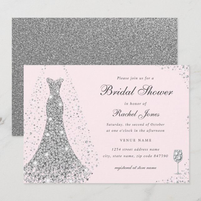 Elegant Diamond Wedding Dress Bridal Shower  Invitation (Front/Back)