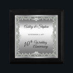 Elegant Diamonds 10th Wedding Anniversary Gift Box<br><div class="desc">Opulent elegance frames this 10th wedding anniversary design in a unique scalloped diamond design with centre teardrop diamond with heart-shaped diamond accents and faux added sparkles on a silver-tone gradient. Please note that all embellishments are printed and are only made to appear as real as possible in a flat, printed...</div>