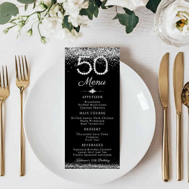 Elégant Diamonds 50e Anniversaire Dîner Menu Plat (Elegant Diamonds 50th Birthday Menu Card)