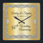 Elegant Diamonds 50th Wedding Anniversary Square Wall Clock<br><div class="desc">Opulent elegance frames this 50th wedding anniversary design in a unique scalloped diamond design with heart-shaped diamond accents and faux added sparkles on a gold-tone gradient. Please note that all embellishments are printed and are only made to appear as real as possible in a flat, printed design. This includes any...</div>