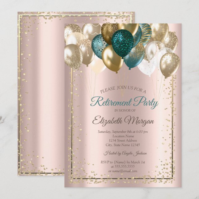 Elegant Diamonds Balloons Rose Gold Retirement  Invitation (Front/Back)