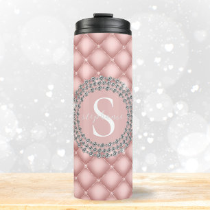 Elegant Diamonds Blush Pink Monogram Tufted Luxury Thermal Tumbler