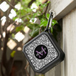 Elegant Diamonds, Monogram & Name on Black<br><div class="desc">Personalize purple monogram and white name on black circle over a background of white diamonds.</div>