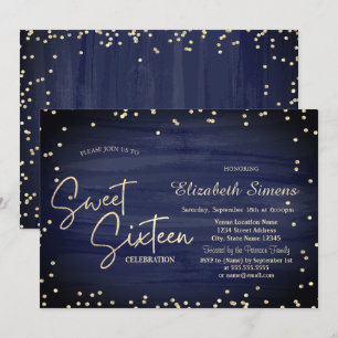 Elegant Diamonds Navy Blue Gold Script Sweet 16 Invitation