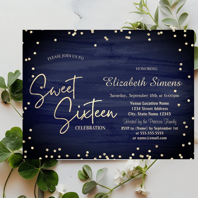  Elegant Diamonds Navy Blue Gold Script Sweet 16 Invitation (Creator Uploaded)