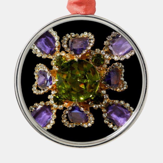 Elegant diamonds purple green gemstones metal ornament (Front)