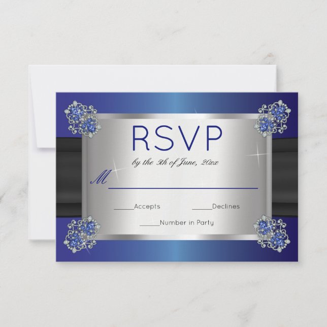 Elegant Diamonds Sapphire Clasps Blue Wedding RSVP Card (Front)