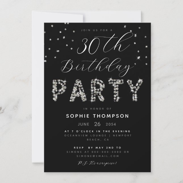 Elegant Diamonds Sparkles Glitter Birthday Party Invitation (Front)
