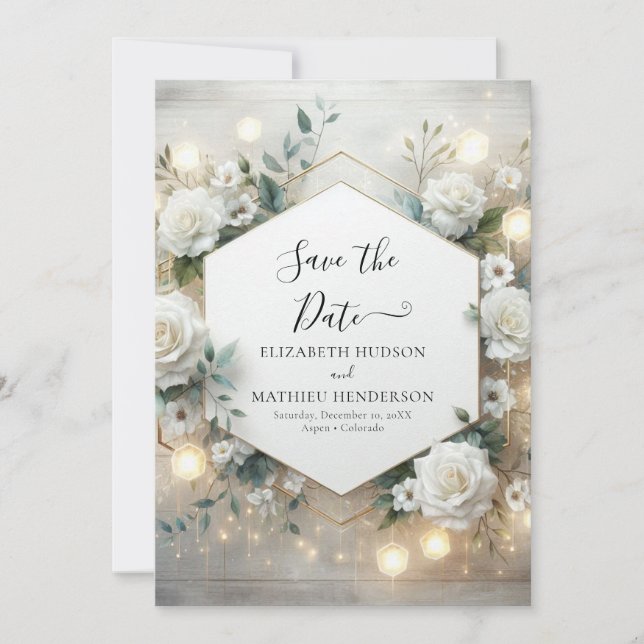 Elegant Digital White Roses Wedding Save The Date (Front)