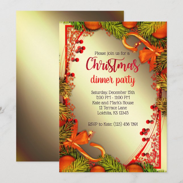 Élégant Dîner de Noël doré Invitation (Devant / Derrière)