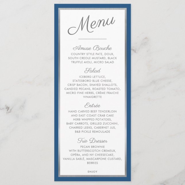 ELEGANT DINNER MENU modern reception blue grey (Front)