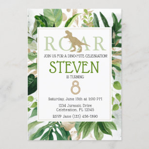 Elegant Dinosaur Green and Gold Birthday Invitation