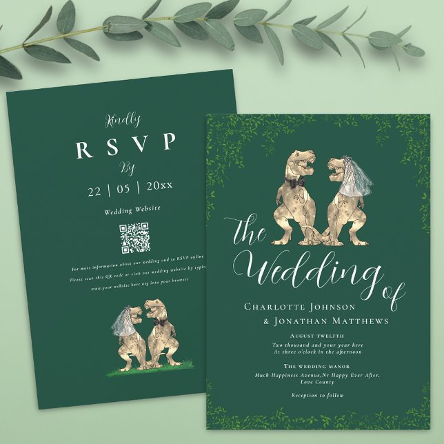Elegant Dinosaur Green Wedding QR Code Invitation (T-Rex bride and groom funny dinosaur green and white wedding qr code invitation)