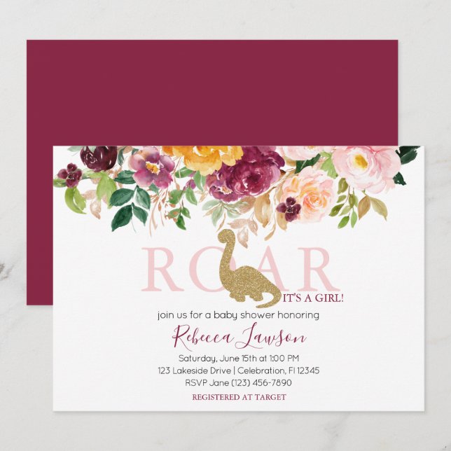 Elegant Dinosaur Pink & Maroon Baby Girl Shower Invitation (Front/Back)