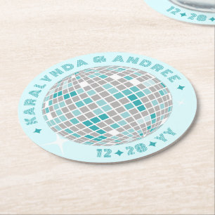 Elegant Disco Ball Teal Blue Round Wedding Round Paper Coaster
