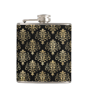 Elegant Distressed Gold Damask Pattern on Black Hip Flask