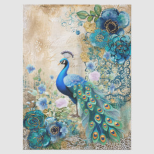 Elegant Distressed Teal Blue Florals & Peacock Tissue Paper