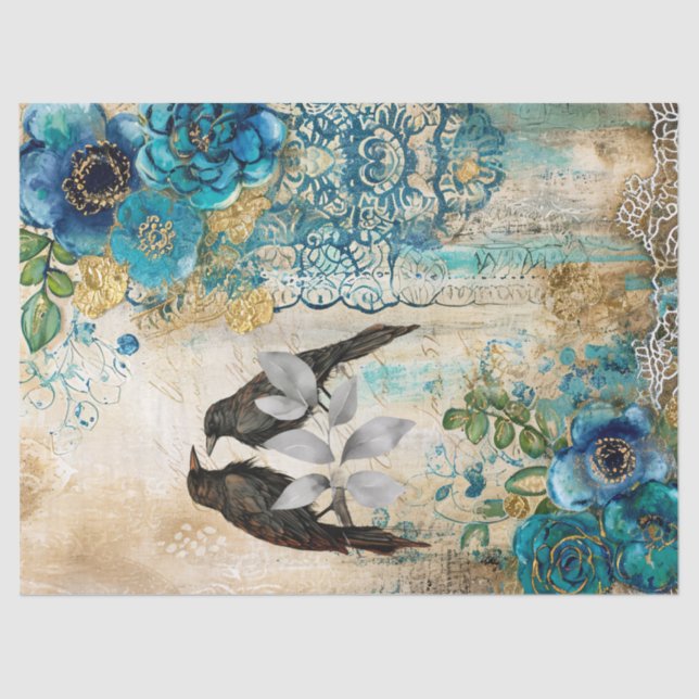 Elegant Distressed Teal Blue Gold Florals & Ravens Tissue Paper (Front)