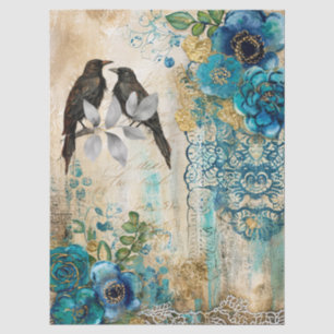 Elegant Distressed Teal Blue Gold Florals & Ravens Tissue Paper