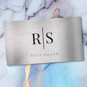 Elegant DIY Blk Monogram Grey Name, Brushed Silver Business Card