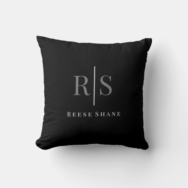 Elegant DIY Grey Monogram & White Name, Black Throw Pillow (Front)