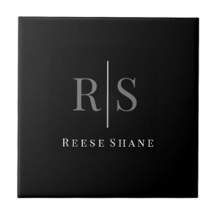 Elegant DIY Grey Monogram & White Name, Black Tile