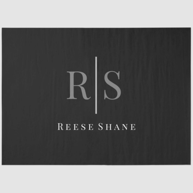 Elegant DIY Grey Monogram & White Name, Black Tissue Paper (Front)