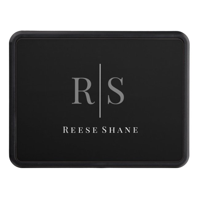 Elegant DIY Grey Monogram & White Name, Black Trailer Hitch Cover (Front)