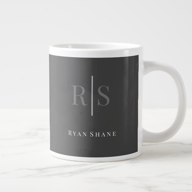 Elegant DIY Grey Monogram & White Name, Dark Grey Large Coffee Mug (Right)