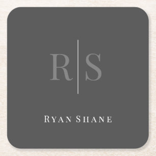 Elegant DIY Grey Monogram & White Name, Dark Grey Square Paper Coaster