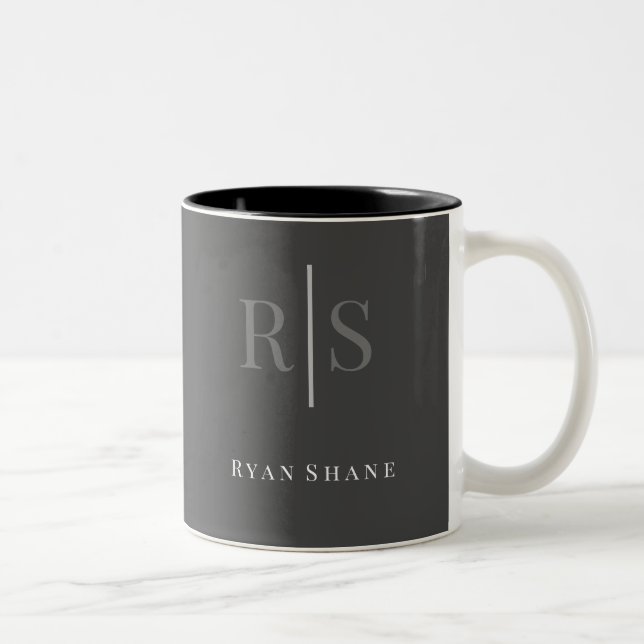 Elegant DIY Grey Monogram & White Name, Dark Grey Two-Tone Coffee Mug (Right)
