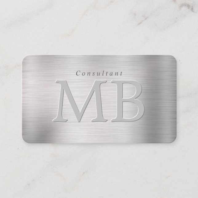 Elegant DIY Monogram, Name, Brushed Steel Business Card (Front)