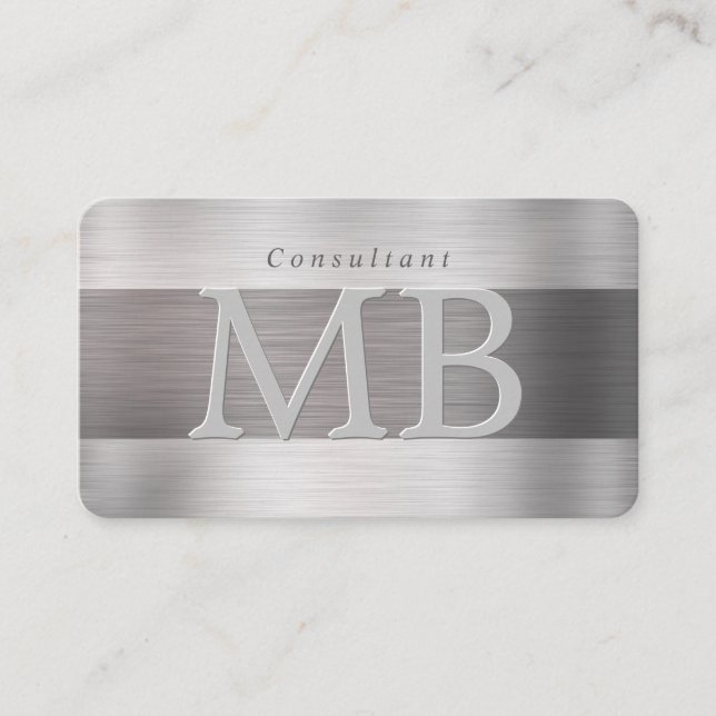 Elegant DIY Monogram Name Lt & Dk Brushed Steel V2 Business Card (Front)