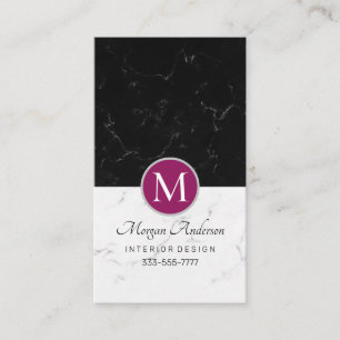 Elegant DIY Monogram, White & Black Marble, Violet Business Card