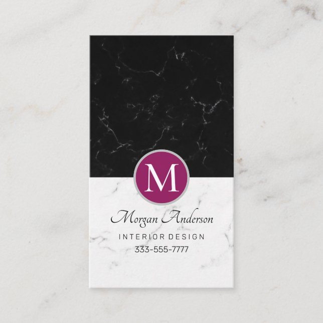 Elegant DIY Monogram, White & Black Marble, Violet Business Card (Front)